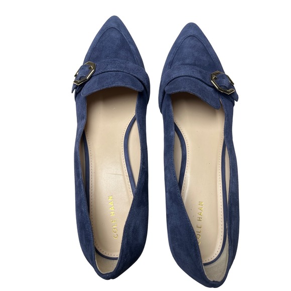 Cole Haan Blue Suede Loafers 9.5B Gold Buckle Quiet Luxury Chic‎ - Picture 11 of 12